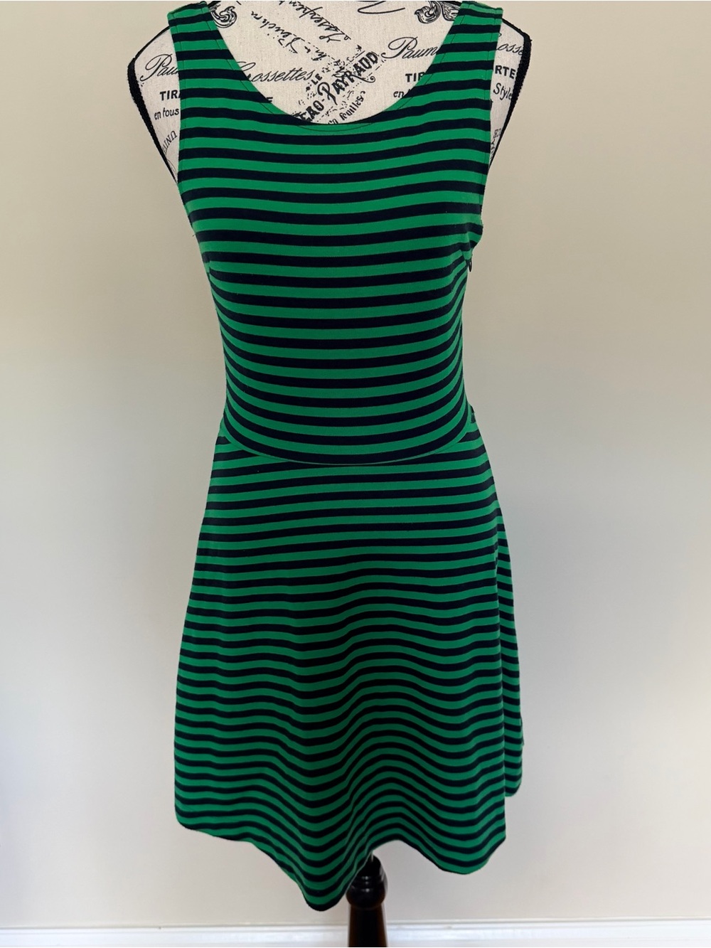 Sleeveless Green and Black Striped Fit & Flare Dress